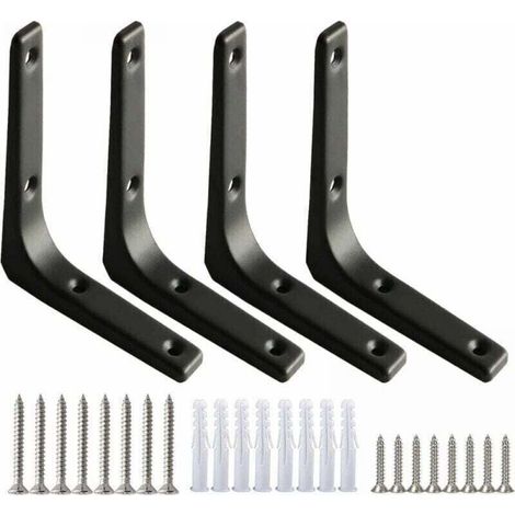 Set of 4 Black Wall Shelf Brackets, Heavy Duty Shelf Brackets, 100mm L-Shaped Shelf Supports, Stable, 7.5mm Thickness, Includes Screws for Mounting Shelves, Furniture and Decorations