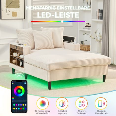 Canapé lounge multifonctionnel en velours côtelé avec chaise longue, grande surface de couchage, porte-gobelets des deux côtés, éclairage LED, poche latérale, rangement, port de charge USB, pieds en p (1/5)