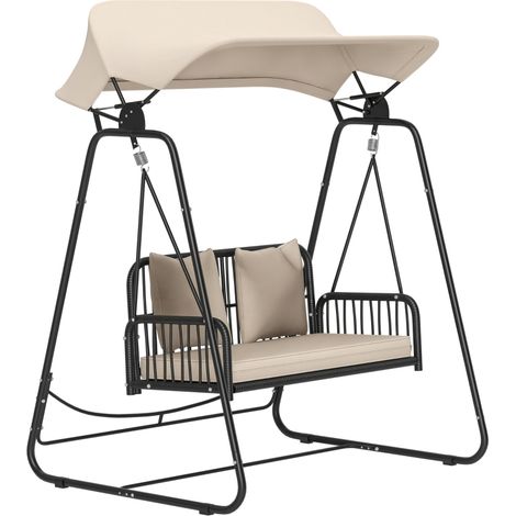 Balançoire de jardin en rotin 2 places avec coussins et auvent capacité 240 kg dimensions 149x121x180 cm couleur kaki (1/5)
