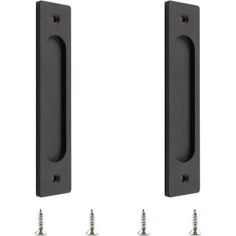 tirador rectangular empotrado para puerta corredera tipo granero, fabricado en aleación de aluminio negro mate, con tornillos de montaje. (1/5)