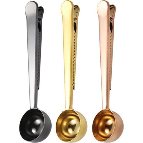 Cuchara de café de acero inoxidable, Clip multifuncional de mango largo para bolsa, proteína en polvo, 3 piezas, 17 cm (dorado/oro rosa/negro) (1/5)