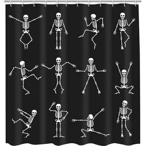 1 rideau de douche squelette avec 12 crochets, motif danse amusante pour Halloween, style dessin animé vintage, écologique, N (1/5)