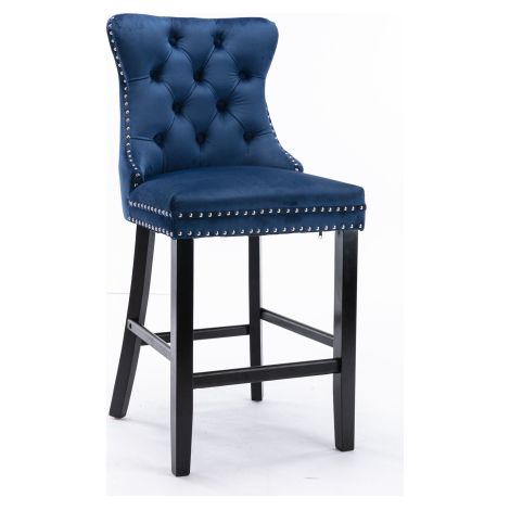Lot de 2 Tabourets de Bar Contemporains en Velours Capitonné, Pieds en Bois Finition Cloutée Chromée, Style Décontracté Confortable Couleur Bleue (1/4)