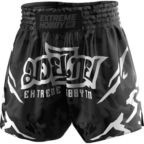 Pantalones cortos de Muay Thai Black Panther de Extreme Hobby, negros y blancos, talla L