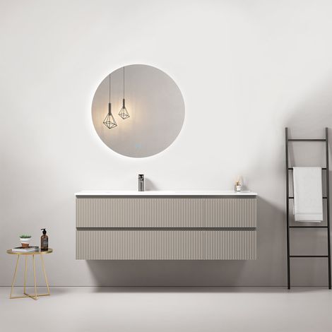 Mobile bagno sospeso cannettato 140 cm Grigio Cenere Lavabo a Sinistra in Resina Specchio Tondo Retroilluminato - Fiji Paint (1/4)