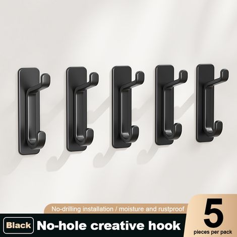Selbstklebender Wandhaken, Badezimmer-Handtuchhalter, Küchen-Geschirrtuch-Aufhänger, selbstklebende Garderobe, Wandbefestigung ohne Bohren, wasserdicht, rostfrei, schwarz, 5 Stück