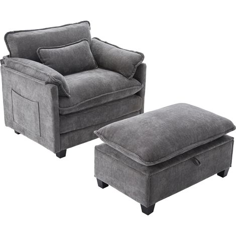 Sillón individual grande con reposapiés de chenilla gris (1/5)