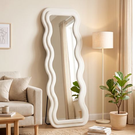 Miroir Pleine Longueur 160 x 60 cm, Miroir Ondulé sur Pied ou Mural, Cadre Effet Velours et Verre Trempé, Crème (1/5)
