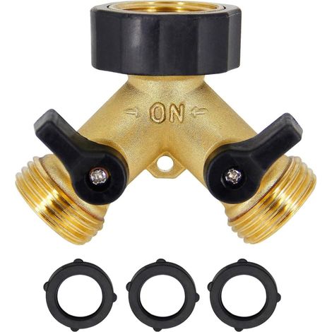 Répartiteur de tuyau en laiton à 2 voies, 2 voies, connecteur de tuyau d'arrosage de 1,9 cm, connecteur de robinet de valve en Y avec marche/arrêt individuel, répartiteur de robinet pour extérieur (1/4)