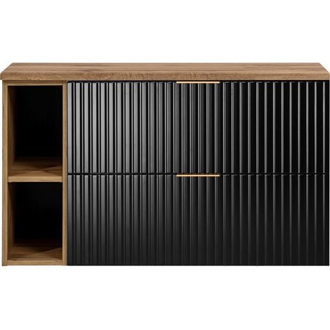 Furnidea - Meuble sous vasque FLOW NOIR 100 cm avec l'étagère - extension et plan chêne - 2 tiroirs - façades rainurées (1/5)