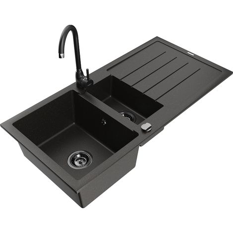 Mexen Andres lavello in granito 1,5 vasche con scolapiatti e rubinetto da cucina Telma, nero/oro - 6515-75-670200-70-B (1/5)