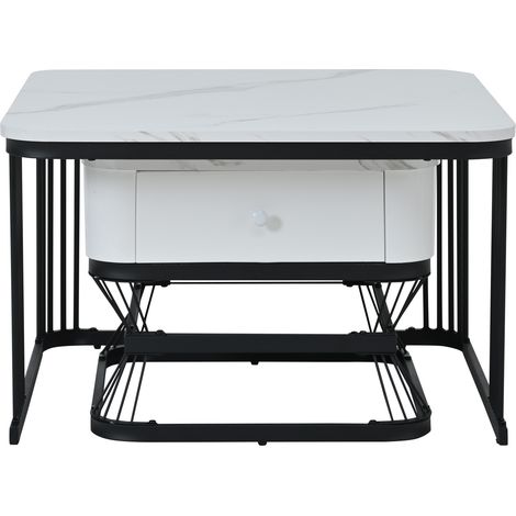 Set di 2 tavolini da soggiorno effetto marmo bianco nero con 1 cassetto 70x70x45 cm (1/5)