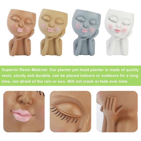 Lot de figurines en résine, pot de fleurs brun avec tête appuyée (1/5)