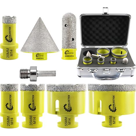 Foret Diamant Kit Trepan Carrelage - 8pcs (20/25/35/55/68mm+20mm Fraise Diamant+50mm Mèches de Chanfrein+Adaptateur) pour Carrelage Céramique Porcelaine Marbre Granit M14 Filetage (1/5)