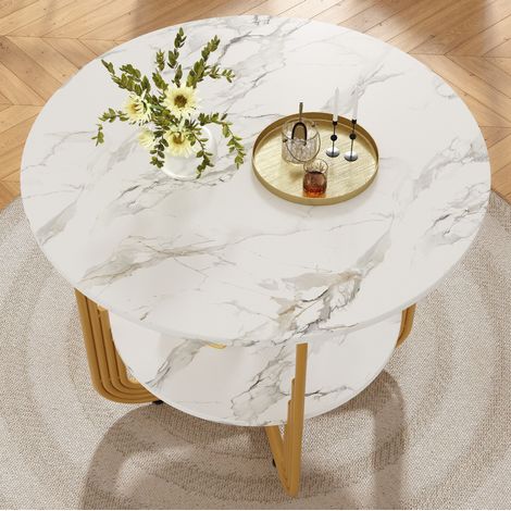 Juego de comedor de 5 piezas, mesa redonda 80x80x76 cm, estilo moderno, tablero con efecto mármol, metal, MDF, dorado y gris (1/5)