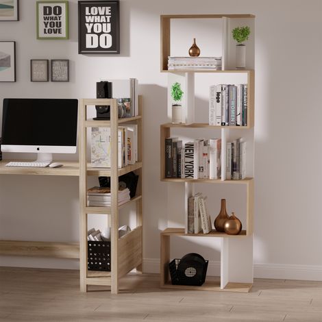 Bibliothèque à 5 niveaux en forme de S, meuble de rangement avec étagères, pour salon, chambre à coucher, bureau, blanc, 60 x 24 x 184,5 cm