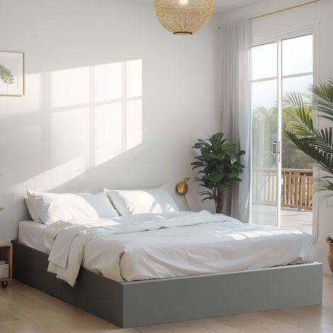 M&S – Lit coffre 160x200 cm en velours gris – Sommier à lattes en bois de peuplier – Rangement pratique sous le lit – Structure en bois et contreplaqué