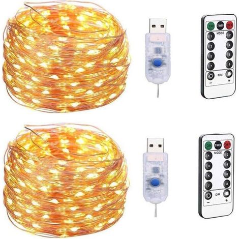 USB Christmas Fairy String Light 100LED, 10M Lampe décorative étoile à 8 Fonctions, Guirlande Lumineuse en Fil de cuivre étanche avec télécommande (2pcs) Lumière Chaude (1/5)