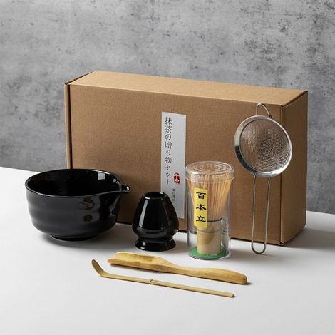 Keramik-Teeservice, bestehend aus einer Matcha-Schale, einem Matcha-Besenständer und einem Matcha-Besen, 5-teiliges Set – Perfekt Schwarz
