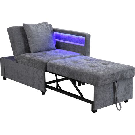 Divano letto 3 in 1 in lino grigio chiaro con schienale reclinabile, LED e porte USB-C (1/5)