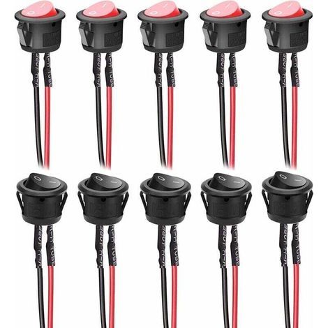 10 piezas 6A/250V 10A/125VAC interruptor de balancín redondo precableado de 2 patillas, interruptor de balancín encendido/apagado para coche y camión (negro + rojo) (1/4)