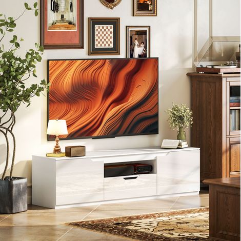 Meuble TV 160 cm blanc avec 2 portes, tiroir, rangement ouvert et passe-câbles pour écran jusqu'à 65 pouces, meuble salon moderne, 70 kg, CHICFURN (1/5)