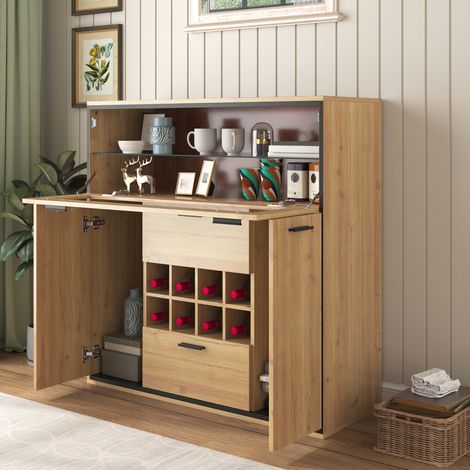 Buffet élégant avec armoire à vin, double portes, étagère en verre et porte-bouteilles - Rangement parfait pour votre salon, meuble de rangement raffiné et pratique. (1/5)
