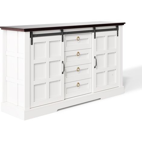 Buffet avec rangement, portes coulissantes et 4 tiroirs, 150 x 40 x 85 cm, style campagne vintage (1/5)