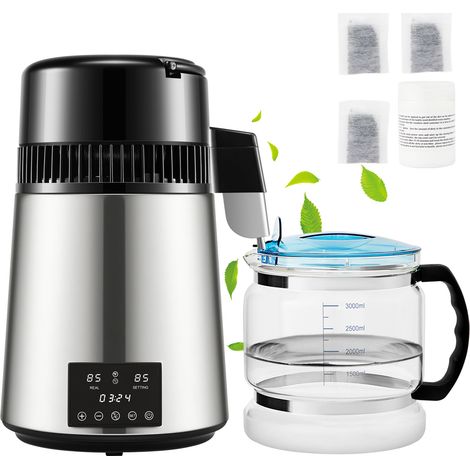Mophorn Destilador de agua de 4 L, 1 L/H, purificador de encimera de 750 W con pantalla de temperatura dual, temporizador de 0-99 H, jarra de vidrio, polvo de limpieza y paquetes de carbón
