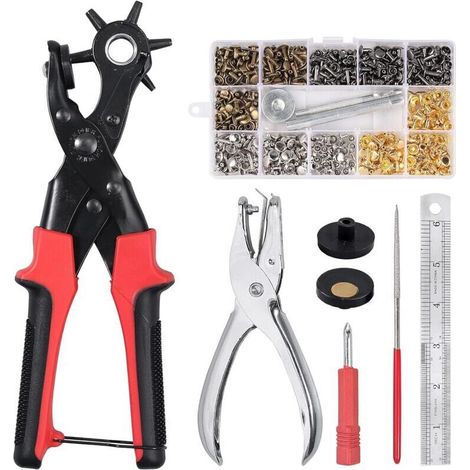 Pince Perforatrice en Cuir Rotative avec 6 Poinçon 2-2,5-3 - 3,5-4 - 4,5 mm Pince Parfait pour Ceintures, Travaux Manuels + 240 PCS Rivets en Cuir Rivet à Double Capuchon (1/5)