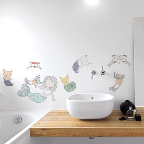 Sticker mural enfant 68x48 cm - Sirène et ses amis marins - Déco murale chambre bébé/enfant - Rigolo & Coloré (1/2)