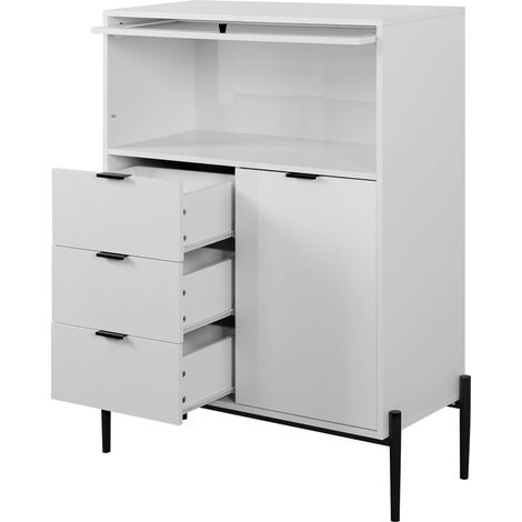 Buffet bas avec 3 tiroirs, 1 porte et 1 porte vitrée, meuble de rangement en panneau de particules blanc pour cuisine, salle à manger et entrée - CHICFURN (1/5)