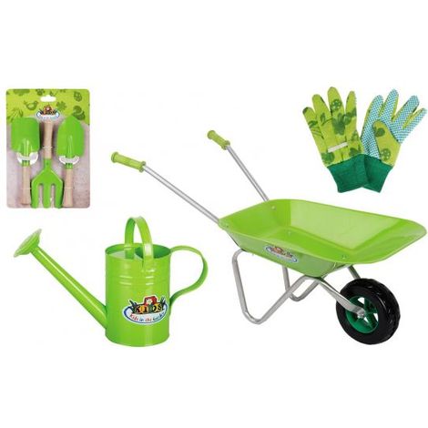 Kit petit jardinier accessoires pour enfant en métal Gants + petits outils + brouette + arrosoir (1/3)