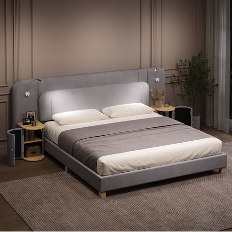 Letto matrimoniale 180x200 cm in velluto a coste grigio con LED e comodini – MEUBLIV (1/5)