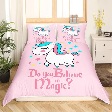 Dessin Animé Licorne Housse De Couette Licorne Star Parure De Lit 140x200cm pour Enfants Filles Cute Sets Housse Couette Pink avec 1 Taie d'oreiller - 140 x 200 cm (1/5)