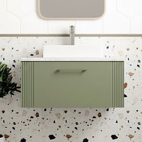 Nuie Deco Wall Hung 1-Drawer Vanity Unit with Bellato Grey Worktop 800mm Wide - Satin Green (1/5)