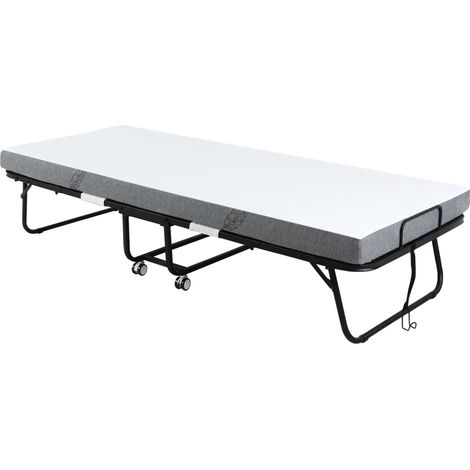 Lit pliant d’appoint 200x75 cm avec roulettes, structure acier et mousse confortable, lit mobile blanc noir gain de place (1/5)