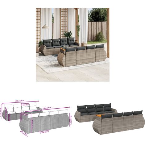 9-tlg. Garten-Sofagarnitur mit Kissen Grau Poly Rattan - Gartenmöbel - Outdoor Möbel - Rattan Gartenset - Lounge Set - Esstisch - Home & Living