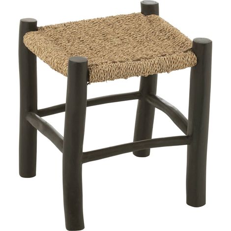 Tabouret carré en teck noir assise en jonc naturel tressé - Noir et naturel jonc tressé (1/5)