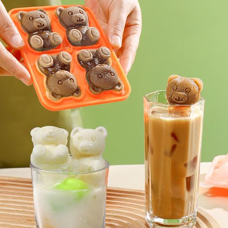 Moule à glaçons en forme de petit ours, 4 compartiments, en silicone rose, idéal pour la confection de glaces, gâteaux et bougies. (1/5)