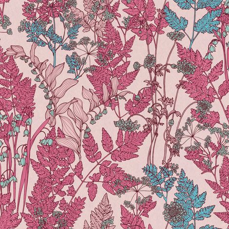 Blumen Tapete Profhome 377518 Vliestapete glatt mit floralen Ornamenten matt rosa rot blau braun 5,33 m2