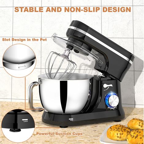 Procesador de alimentos eléctrico con 380 W de potencia, recipiente de 4,5 litros, 3 accesorios, 8 velocidades y cabezal inclinable para masas y pasteles. (1/5)