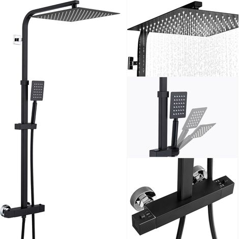 AuraLum - Columna de ducha termostática de 2 funciones con cabezal ultrafino de 15.7 pulgadas, sistema de ducha para baño, diseño moderno, altura ajustable, negro (1/5)