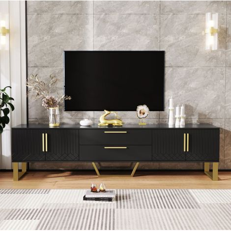 Mueble TV brillante negro y dorado de MDF 170x40x53,5 cm con 4 puertas y 2 cajones OKWISH (1/5)