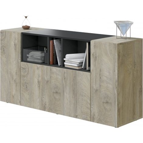 Abitare – Buffet séjour 150x41x76 cm – 3 portes à ouverture push – Compartiments chêne et gris anthracite – Style industriel raffiné (1/5)