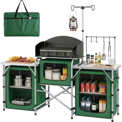 Outsunny mueble de cocina para camping armario para camping plegable con mesas armarios ganchos poste de luz ajustable y bolsa 172x48x130 cm verde