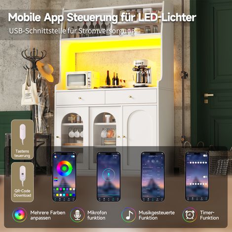 Meuble de cuisine haut, buffet vitré avec étagères réglables, armoire salle à manger à 2 tiroirs, console lumineuse LED à couleurs variables, blanc. (1/5)