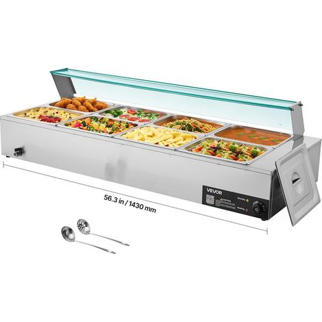 Bain-Marie Électrique Chauffe-Plat Inox 1700 W 8 Bacs 1/2 avec Couvercle en Verre pour Buffet (1/5)