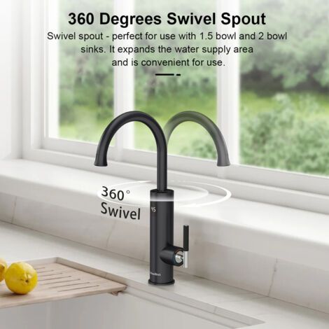 Robinet électrique avec chauffe-eau instantané, affichage LED de la température, robinet de cuisine, robinet de cuisine rotatif à 360°, robinet d'évier noir, mitigeur en acier inoxydable 3200 W. (1/3)