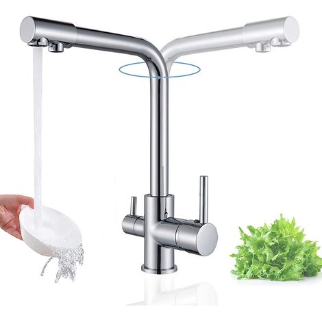 Kitchen Tap 3 Way with Filter Water System Double Handles Drinking Water and Cold Hot Water 360° Swivel Chrome Tap (1/4)